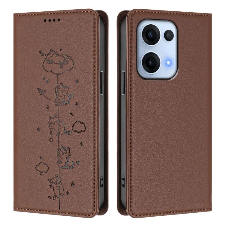 For OPPO Reno13 5G Global Cute Cats Embossed Magnetic RFID Vegan Leather Phone Case