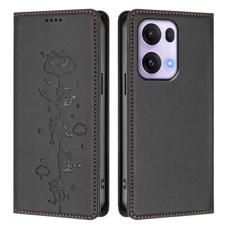 For OPPO Reno13 Pro 5G Global Cute Cats Embossed Magnetic RFID Vegan Leather Phone Case