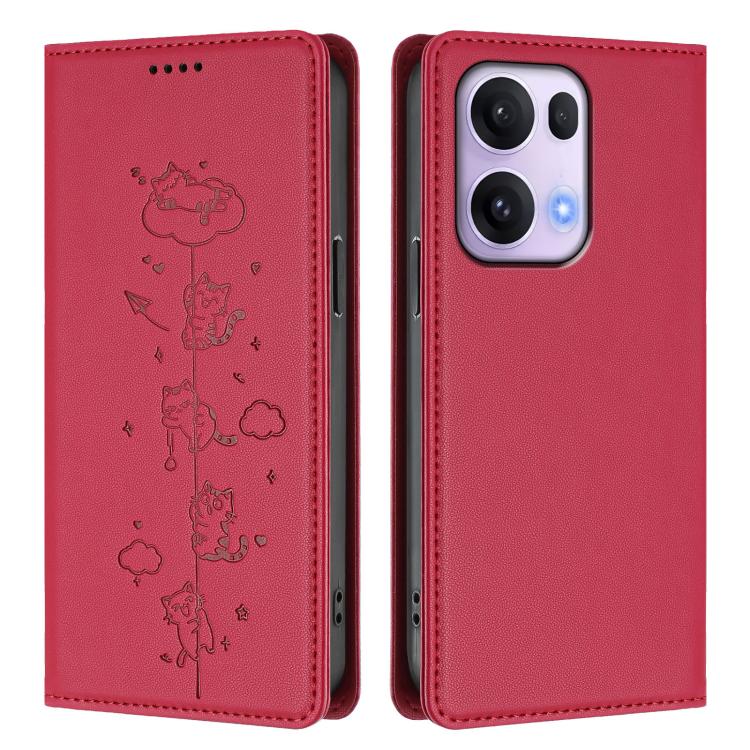 For OPPO Reno13 Pro 5G Global Cute Cats Embossed Magnetic RFID Vegan Leather Phone Case