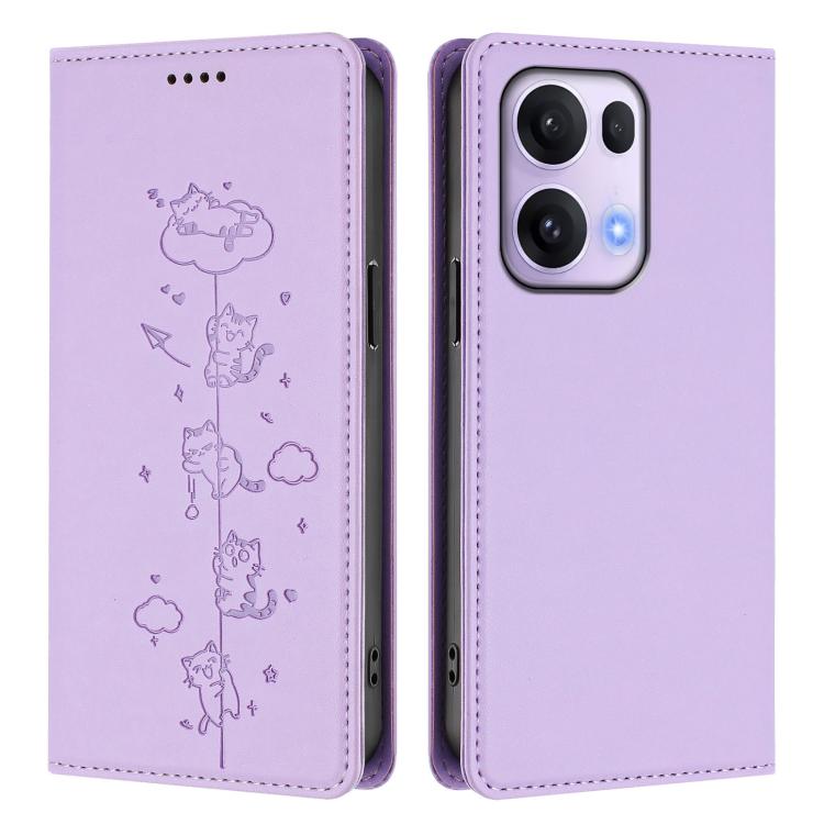 For OPPO Reno13 Pro 5G Global Cute Cats Embossed Magnetic RFID Vegan Leather Phone Case
