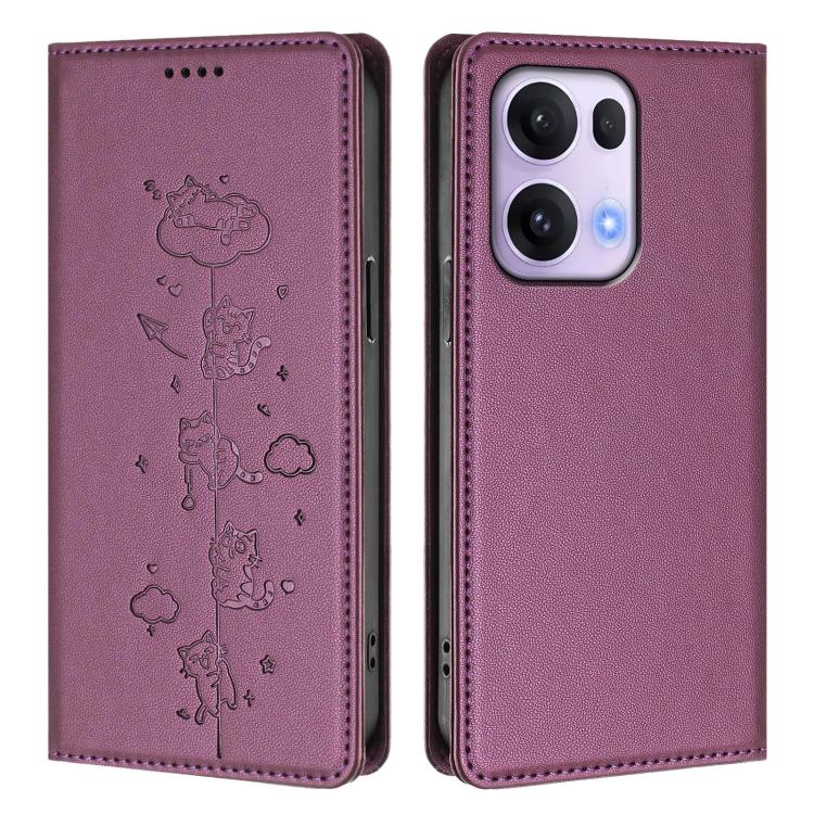 For OPPO Reno13 Pro 5G Global Cute Cats Embossed Magnetic RFID Vegan Leather Phone Case