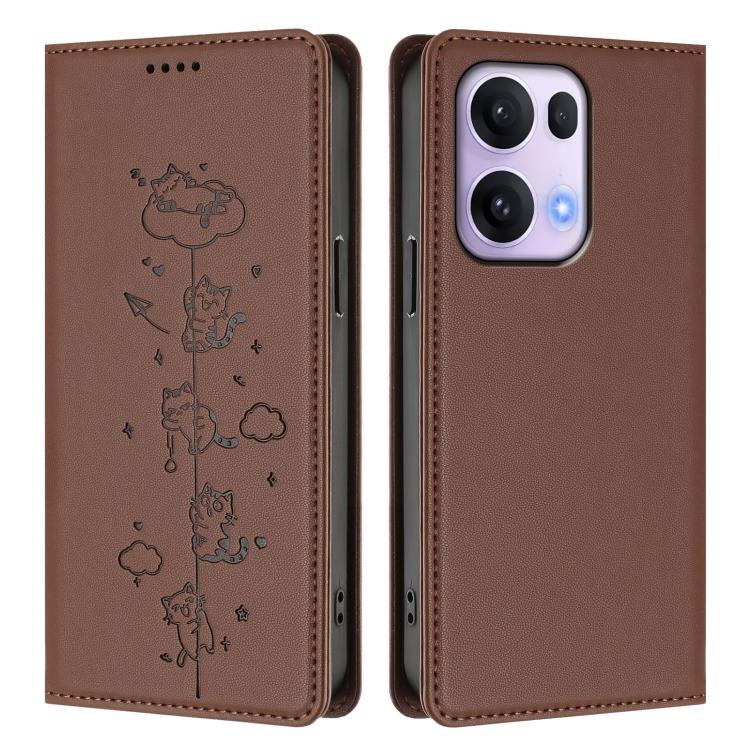For OPPO Reno13 Pro 5G Global Cute Cats Embossed Magnetic RFID Vegan Leather Phone Case