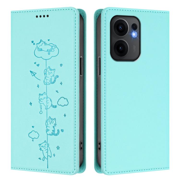For OPPO Reno13 F 5G Global / 4G India Cute Cats Embossed Magnetic RFID Vegan Leather Phone Case