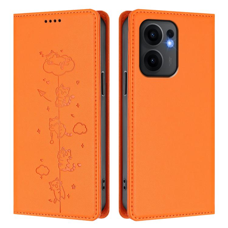 For OPPO Reno13 F 5G Global / 4G India Cute Cats Embossed Magnetic RFID Vegan Leather Phone Case