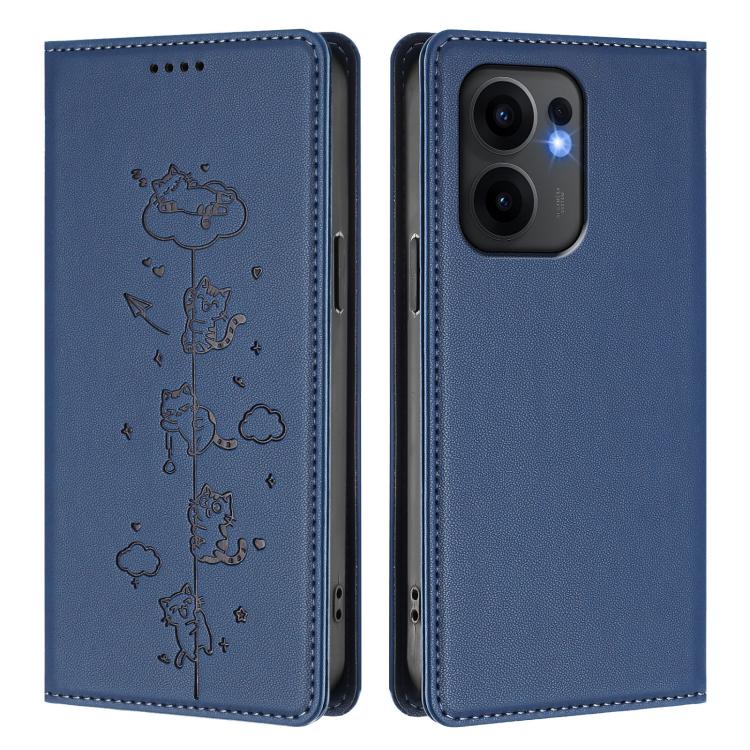 For OPPO Reno13 F 5G Global / 4G India Cute Cats Embossed Magnetic RFID Vegan Leather Phone Case