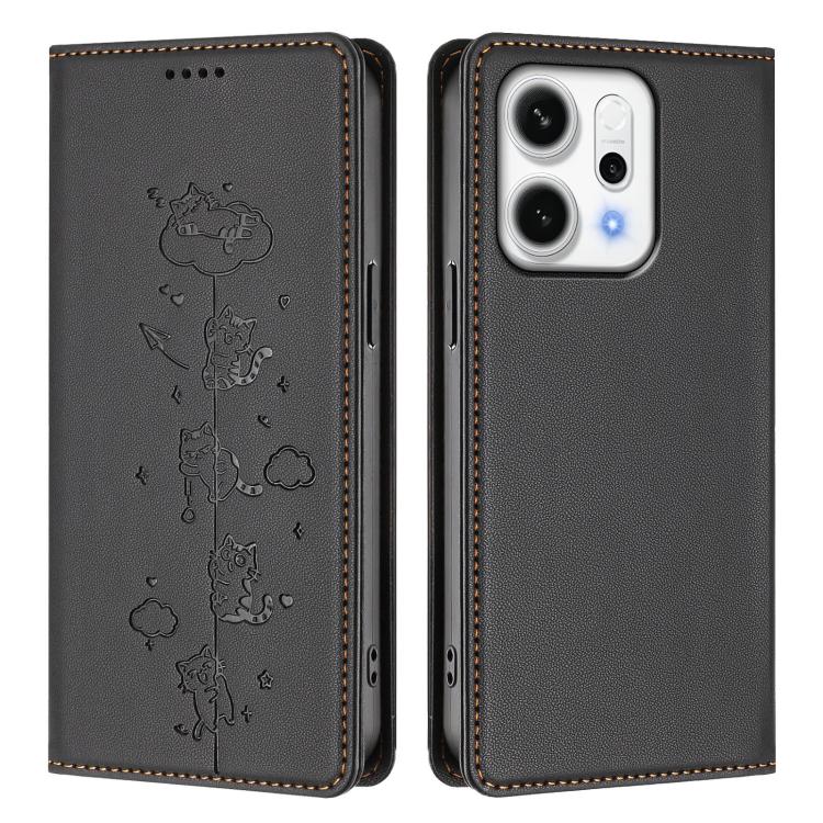 For OPPO Reno14 F 5G / Reno14 5G Global Cute Cats Embossed Magnetic RFID Vegan Leather Phone Case