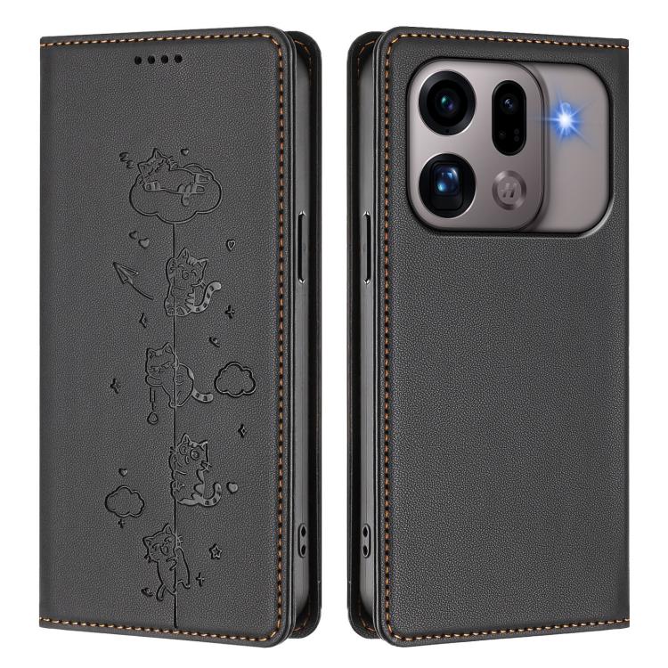 For OPPO Find X9s Pro 5G Cute Cats Embossed Magnetic RFID Vegan Leather Phone Case