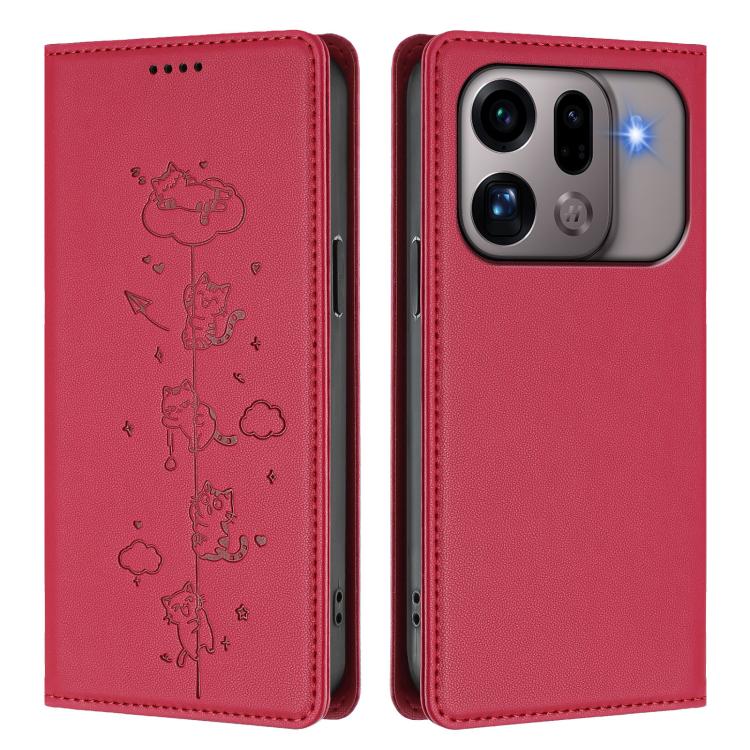 For OPPO Find X9s Pro 5G Cute Cats Embossed Magnetic RFID Vegan Leather Phone Case