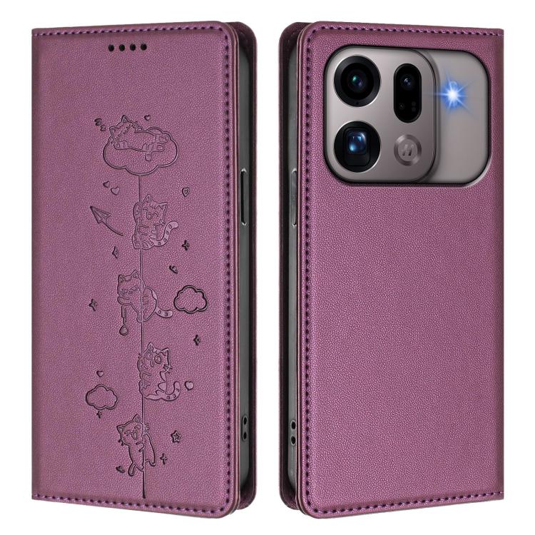 For OPPO Find X9s Pro 5G Cute Cats Embossed Magnetic RFID Vegan Leather Phone Case