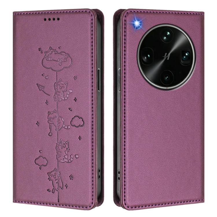 For OPPO Find X9 Ultra Cute Cats Embossed Magnetic RFID Vegan Leather Phone Case
