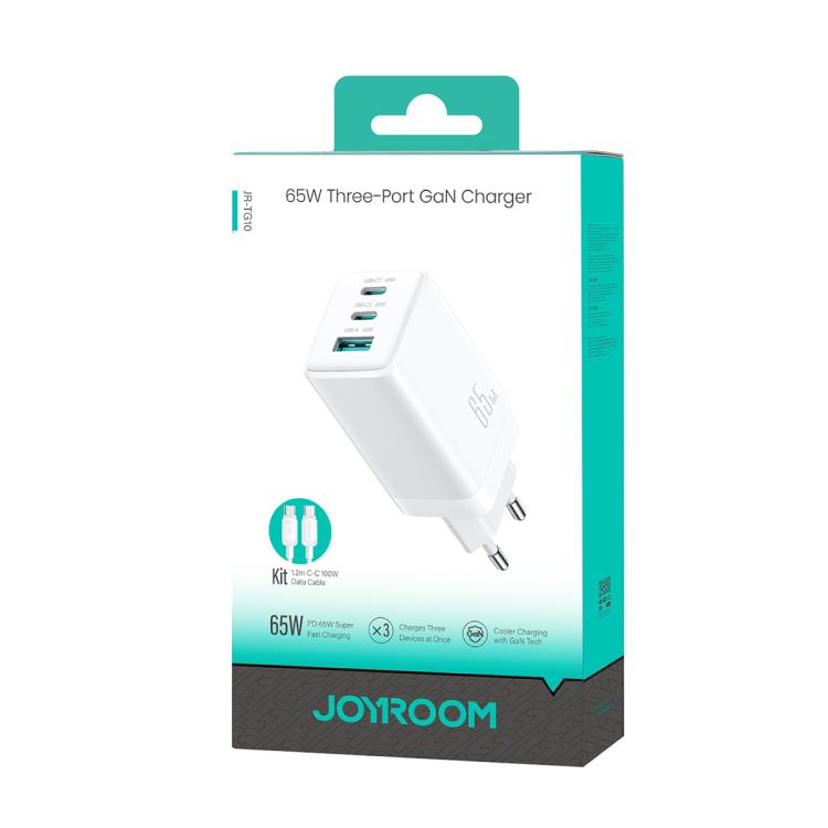 JOYROOM JR-TG10 65W GaN Dual Type-C, USB 3-Port Charger with Type-C to Type-C Cable, Plug:EU Plug