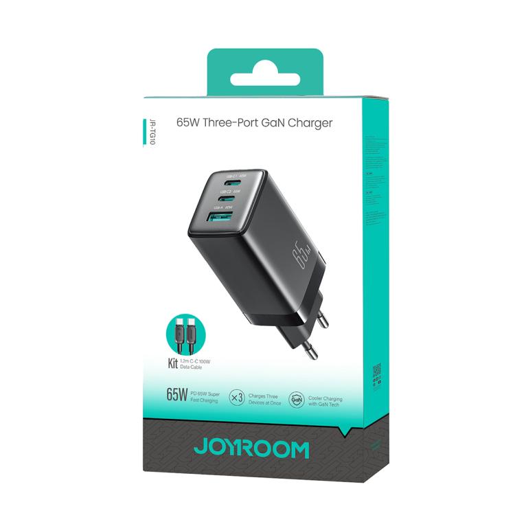 JOYROOM JR-TG10 65W GaN Dual Type-C, USB 3-Port Charger with Type-C to Type-C Cable, Plug:EU Plug