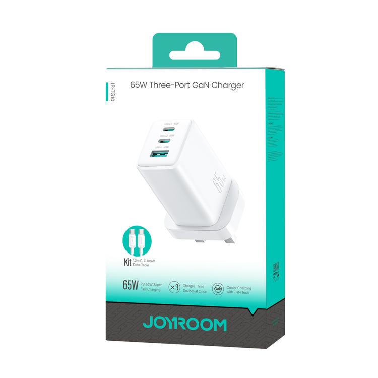 JOYROOM JR-TG10 65W GaN Dual Type-C, USB 3-Port Charger with Type-C to Type-C Cable, Plug:UK Plug