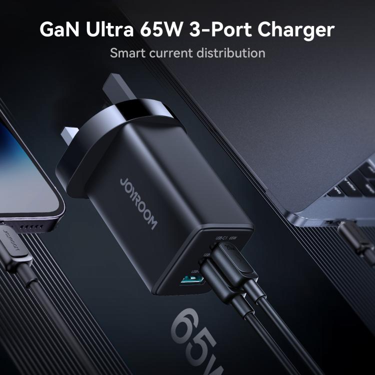 JOYROOM JR-TG10 65W GaN Dual Type-C, USB 3-Port Charger with Type-C to Type-C Cable, Plug:UK Plug