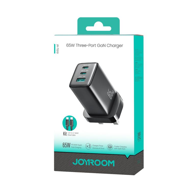 JOYROOM JR-TG10 65W GaN Dual Type-C, USB 3-Port Charger with Type-C to Type-C Cable, Plug:UK Plug