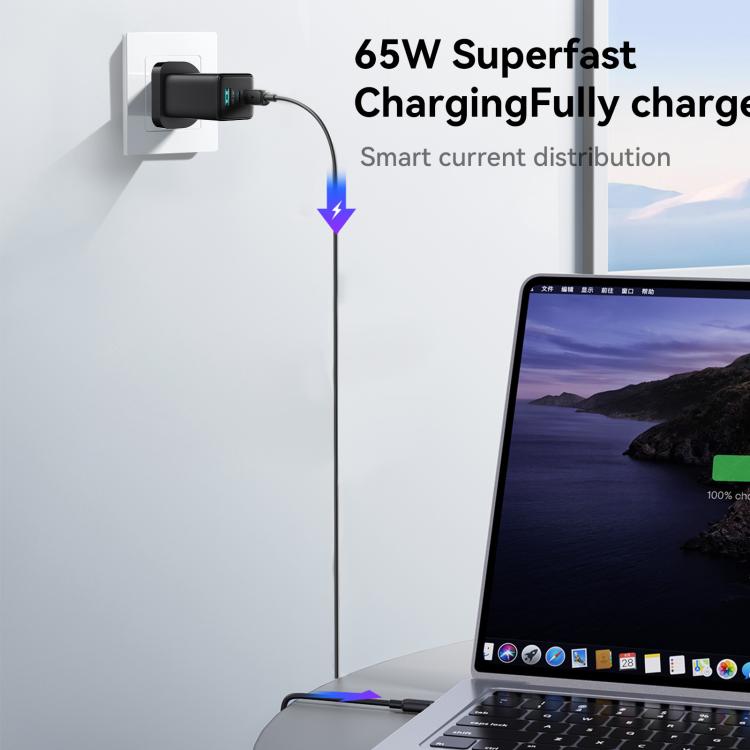 JOYROOM JR-TG10 65W GaN Dual Type-C, USB 3-Port Charger with Type-C to Type-C Cable, Plug:UK Plug