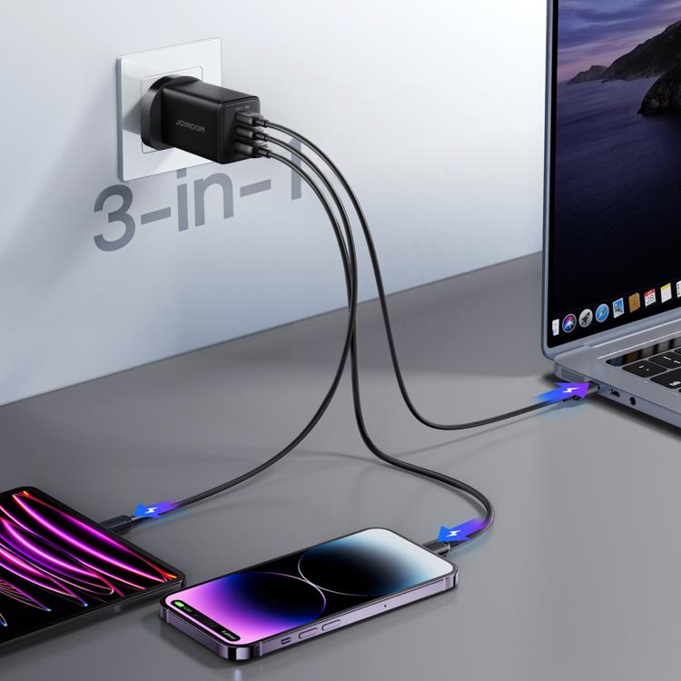 JOYROOM JR-TG10 65W GaN Dual Type-C, USB 3-Port Charger with Type-C to Type-C Cable, Plug:UK Plug