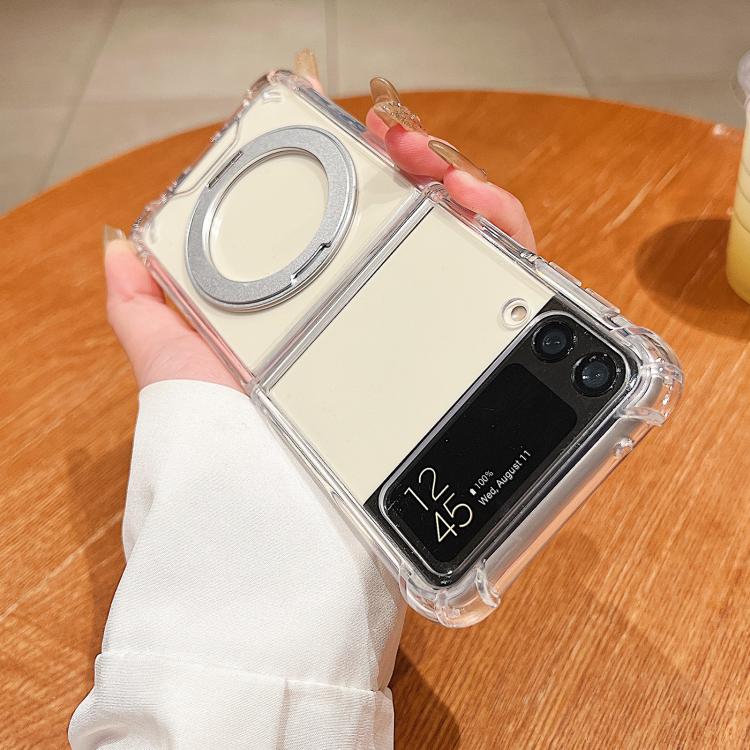 For Samsung Galaxy Z Flip4 Four Corner Shockproof Space Magnetic Phone Case with 360 Degrees Rotating Holder - Transparent