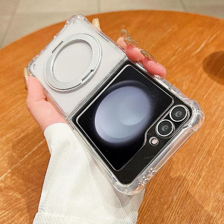 For Samsung Galaxy Z Flip5 Four Corner Shockproof Space Magnetic Phone Case with 360 Degrees Rotating Holder - Transparent