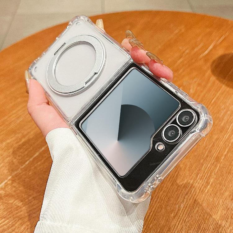 For Samsung Galaxy Z Flip6 Four Corner Shockproof Space Magnetic Phone Case with 360 Degrees Rotating Holder - Transparent