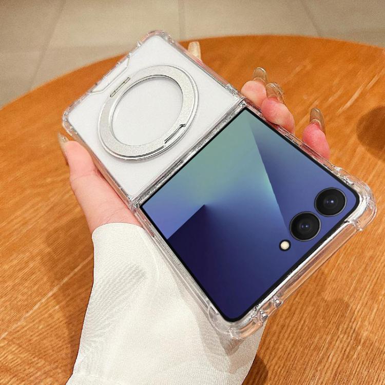 For Samsung Galaxy Z Flip7 5G Four Corner Shockproof Space Magnetic Phone Case with 360 Degrees Rotating Holder - Transparent