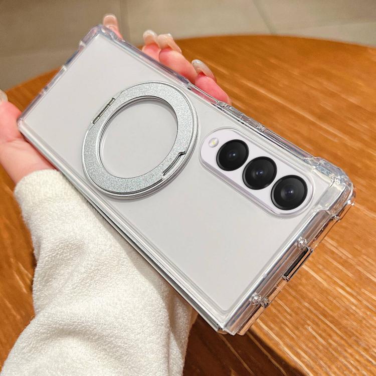 For Galaxy Z Fold4 Four Corner Shockproof Space Magnetic Phone Case with 360 Degrees Rotating Holder - Transparent