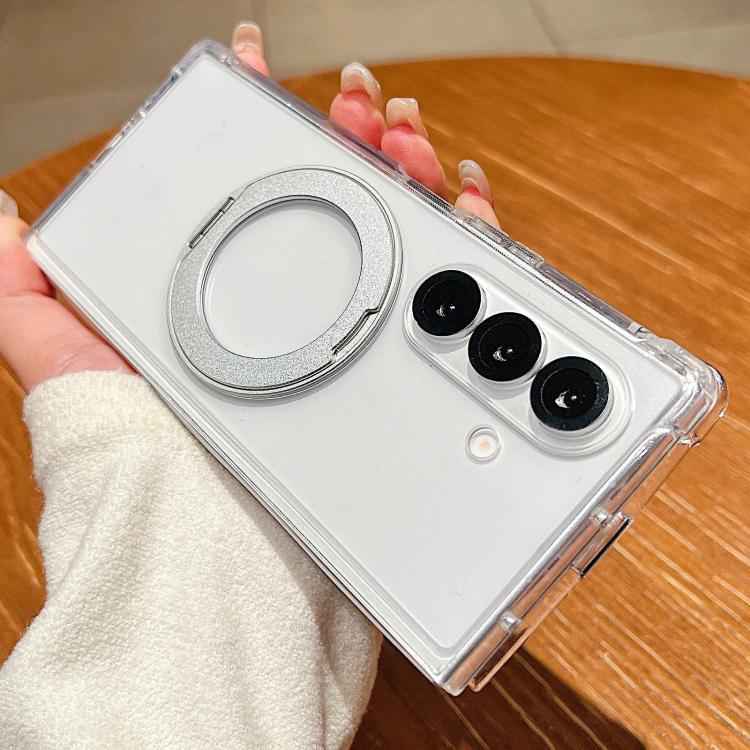For Galaxy Z Fold7 5G Four Corner Shockproof Space Magnetic Phone Case with 360 Degrees Rotating Holder - Transparent