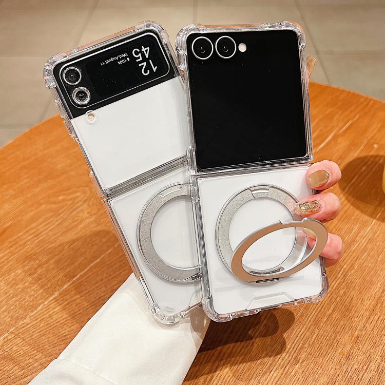 For Samsung Galaxy Z Flip4 Four Corner Shockproof Space Magnetic Phone Case with 360 Degrees Rotating Holder - Transparent