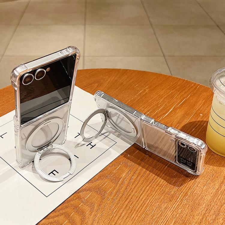 For Samsung Galaxy Z Flip6 Four Corner Shockproof Space Magnetic Phone Case with 360 Degrees Rotating Holder - Transparent