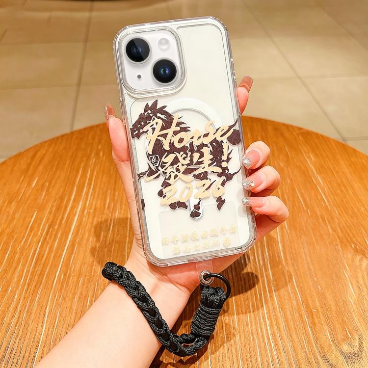 For iPhone 15 Plus Horse Year Acrylic Magnetic Full Coverage Phone Case with Lanyard