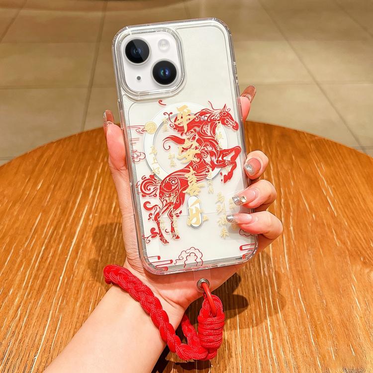 For iPhone 14 Plus Horse Year Acrylic Magnetic Full Coverage Phone Case with Lanyard
