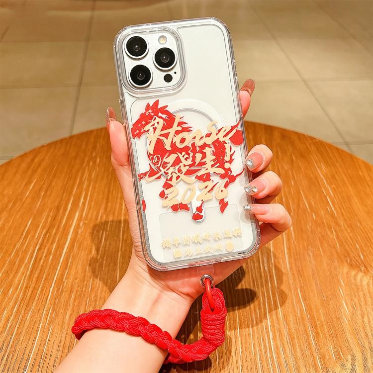 For iPhone 13 Pro Max Horse Year Acrylic Magnetic Full Coverage Phone Case with Lanyard