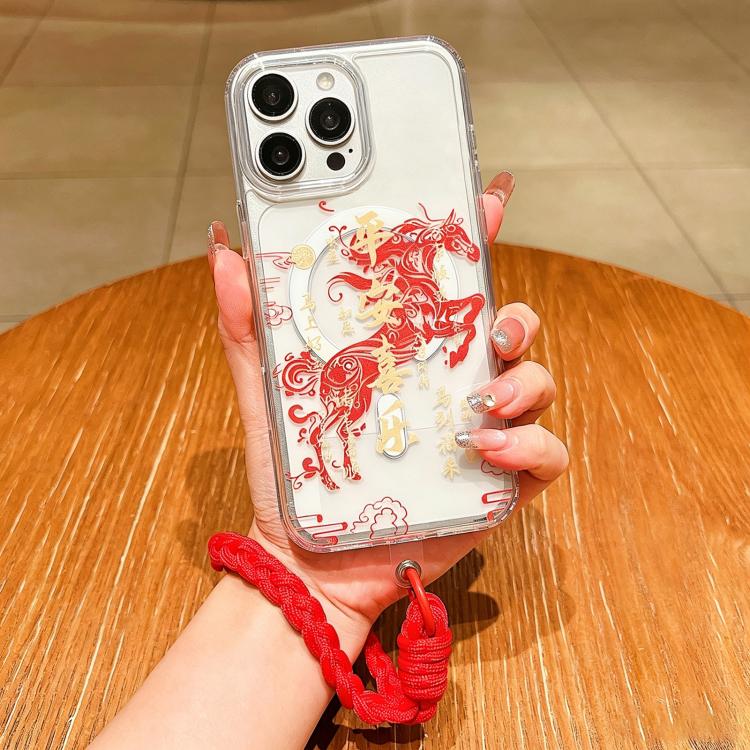 For iPhone 13 Pro Max Horse Year Acrylic Magnetic Full Coverage Phone Case with Lanyard