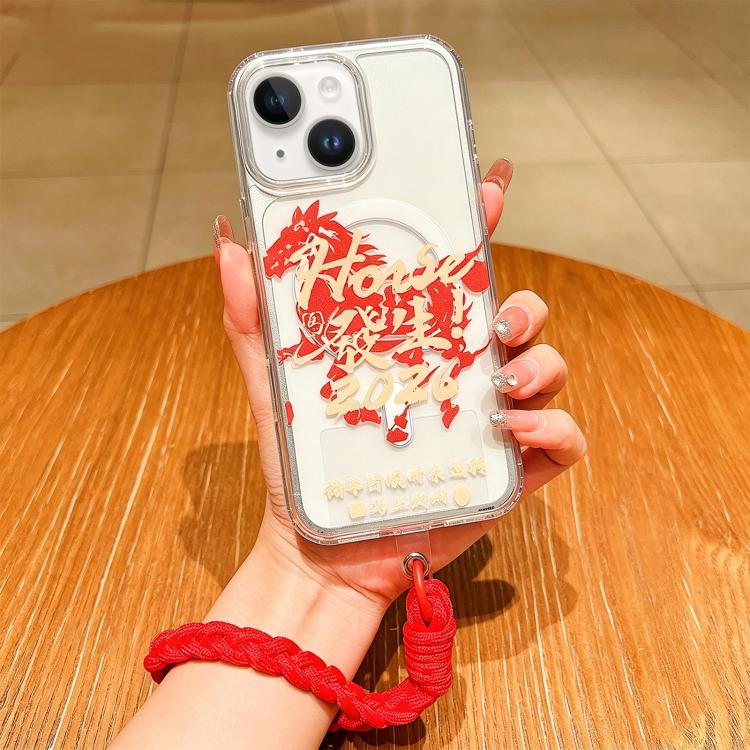 For iPhone 13 Horse Year Acrylic Magnetic Full Coverage Phone Case with Lanyard