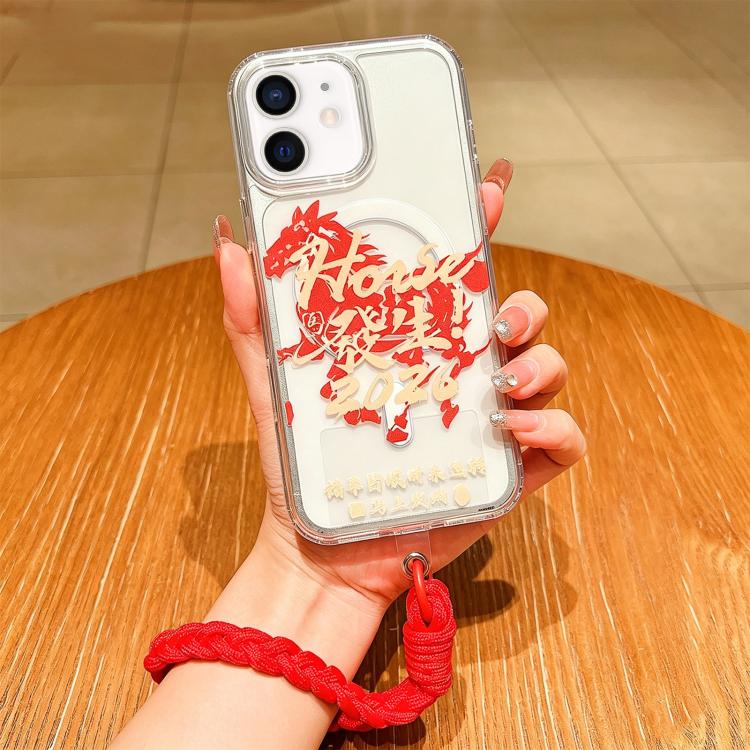 For iPhone 12 Horse Year Acrylic Magnetic Full Coverage Phone Case with Lanyard