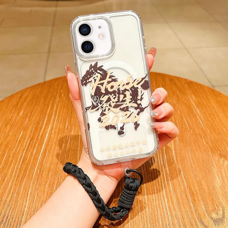 For iPhone 12 Horse Year Acrylic Magnetic Full Coverage Phone Case with Lanyard