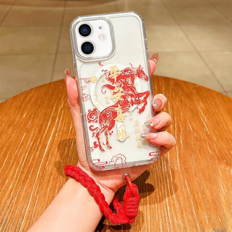 For iPhone 12 Horse Year Acrylic Magnetic Full Coverage Phone Case with Lanyard
