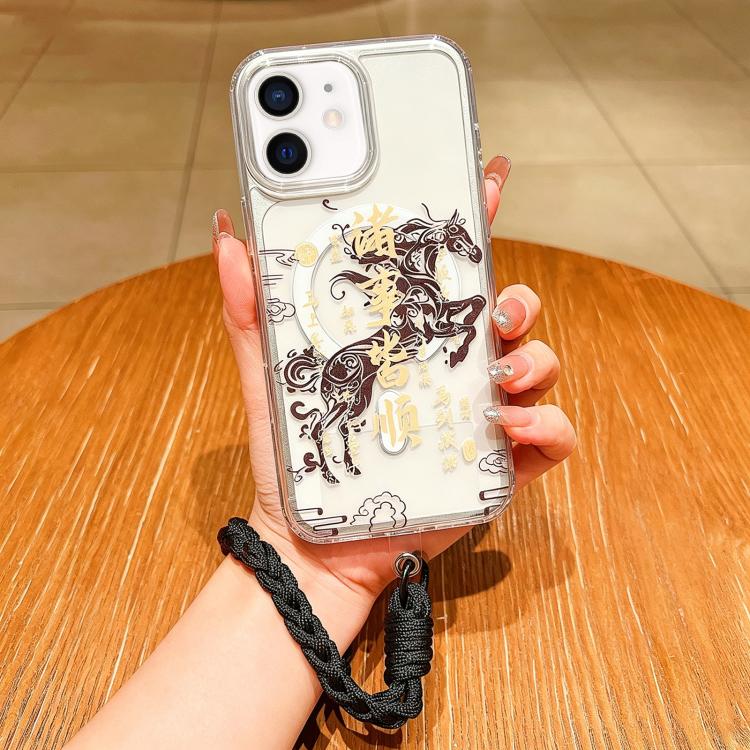 For iPhone 12 Horse Year Acrylic Magnetic Full Coverage Phone Case with Lanyard