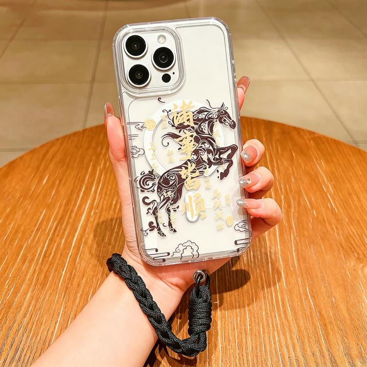 For iPhone 12 Pro Max Horse Year Acrylic Magnetic Full Coverage Phone Case with Lanyard
