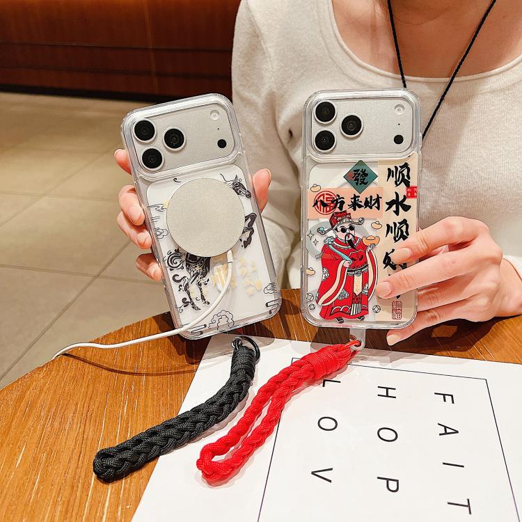 For iPhone 15 Pro Horse Year Acrylic Magnetic Full Coverage Phone Case with Lanyard