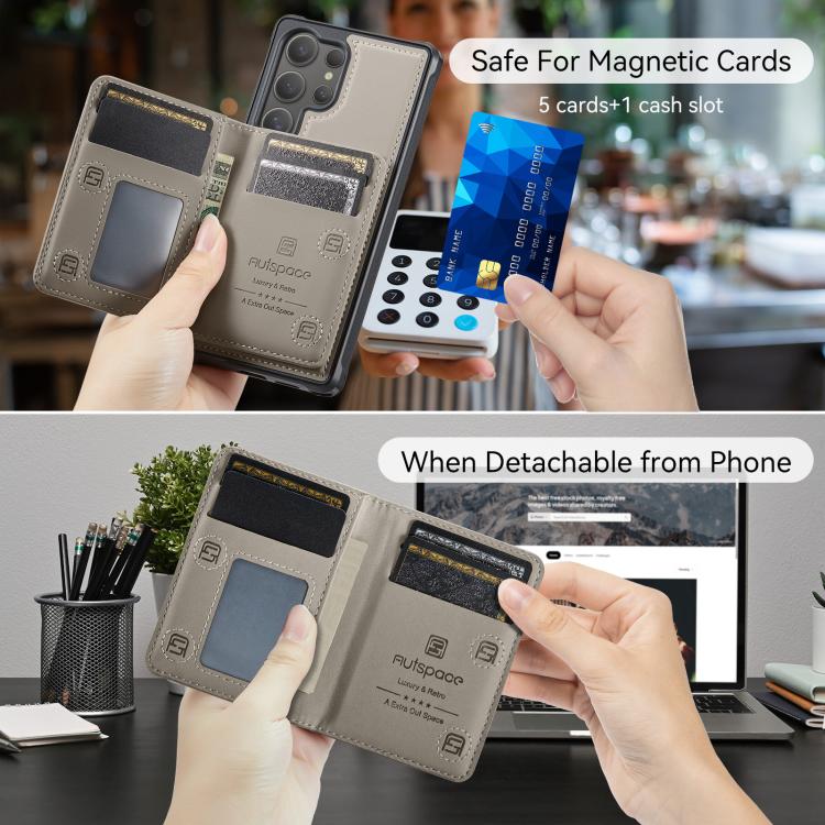 For Samsung Galaxy S24 Ultra 5G AutSpace A13 MagSafe Magnetic RFID Flip Card Bag Phone Case