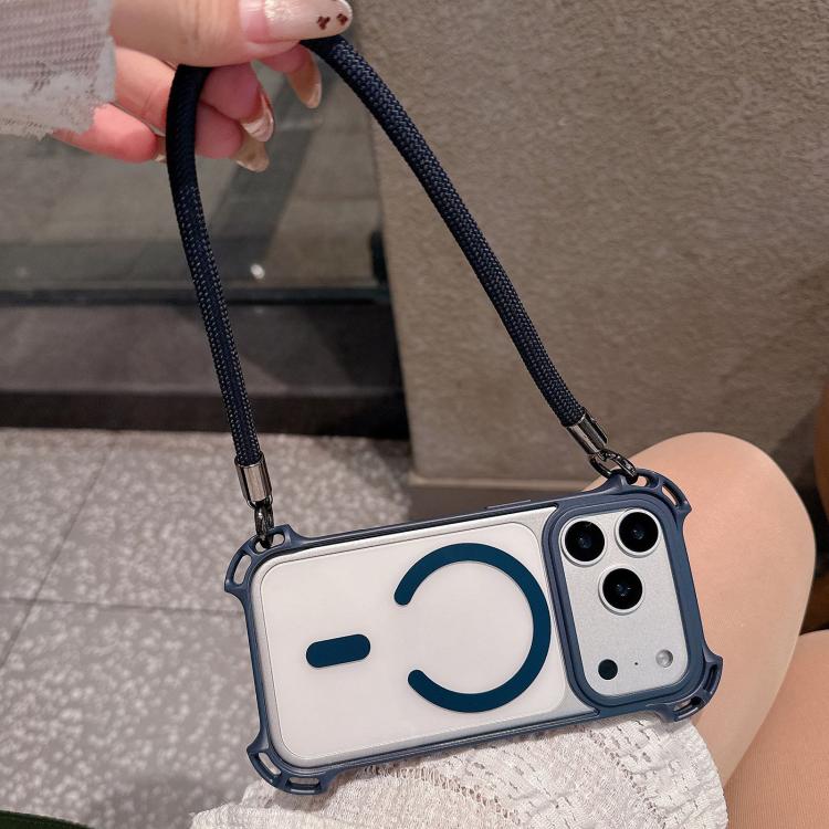 For iPhone 17 Pro Max Drone-Style Four-Corner Shockproof Magnetic Acrylic Phone Case with Long and Short Lanyard