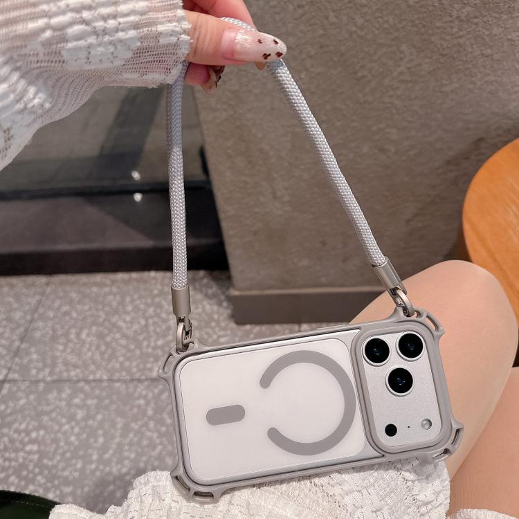 For iPhone 17 Pro Max Drone-Style Four-Corner Shockproof Magnetic Acrylic Phone Case with Long and Short Lanyard