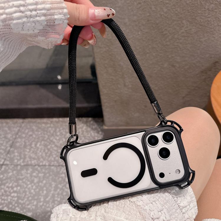 For iPhone 17 Pro Drone-Style Four-Corner Shockproof Magnetic Acrylic Phone Case with Long and Short Lanyard