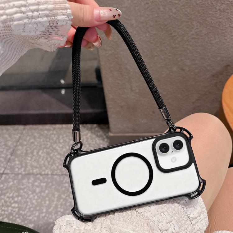 For iPhone 17 Drone-Style Four-Corner Shockproof Magnetic Acrylic Phone Case with Long and Short Lanyard