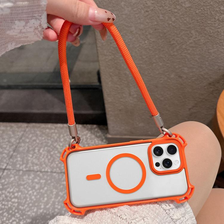 For iPhone 16 Pro Max Drone-Style Four-Corner Shockproof Magnetic Acrylic Phone Case with Long and Short Lanyard