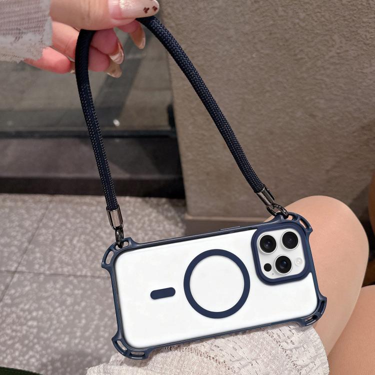 For iPhone 16 Pro Max Drone-Style Four-Corner Shockproof Magnetic Acrylic Phone Case with Long and Short Lanyard