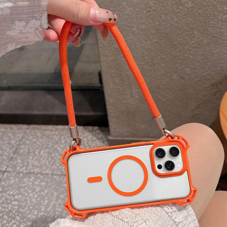 For iPhone 15 Pro Max Drone-Style Four-Corner Shockproof Magnetic Acrylic Phone Case with Long and Short Lanyard