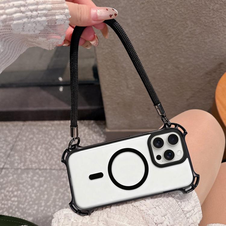 For iPhone 15 Pro Max Drone-Style Four-Corner Shockproof Magnetic Acrylic Phone Case with Long and Short Lanyard