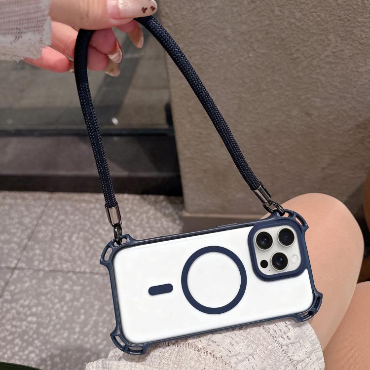 For iPhone 15 Pro Max Drone-Style Four-Corner Shockproof Magnetic Acrylic Phone Case with Long and Short Lanyard